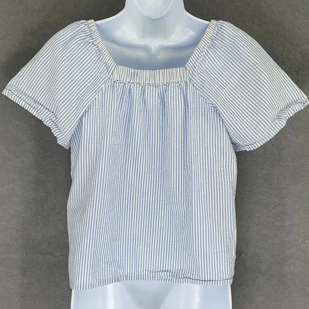 Crewcuts‎ Girls Blue White Stripe Seersucker Square Neck Button Front Top Sz 16